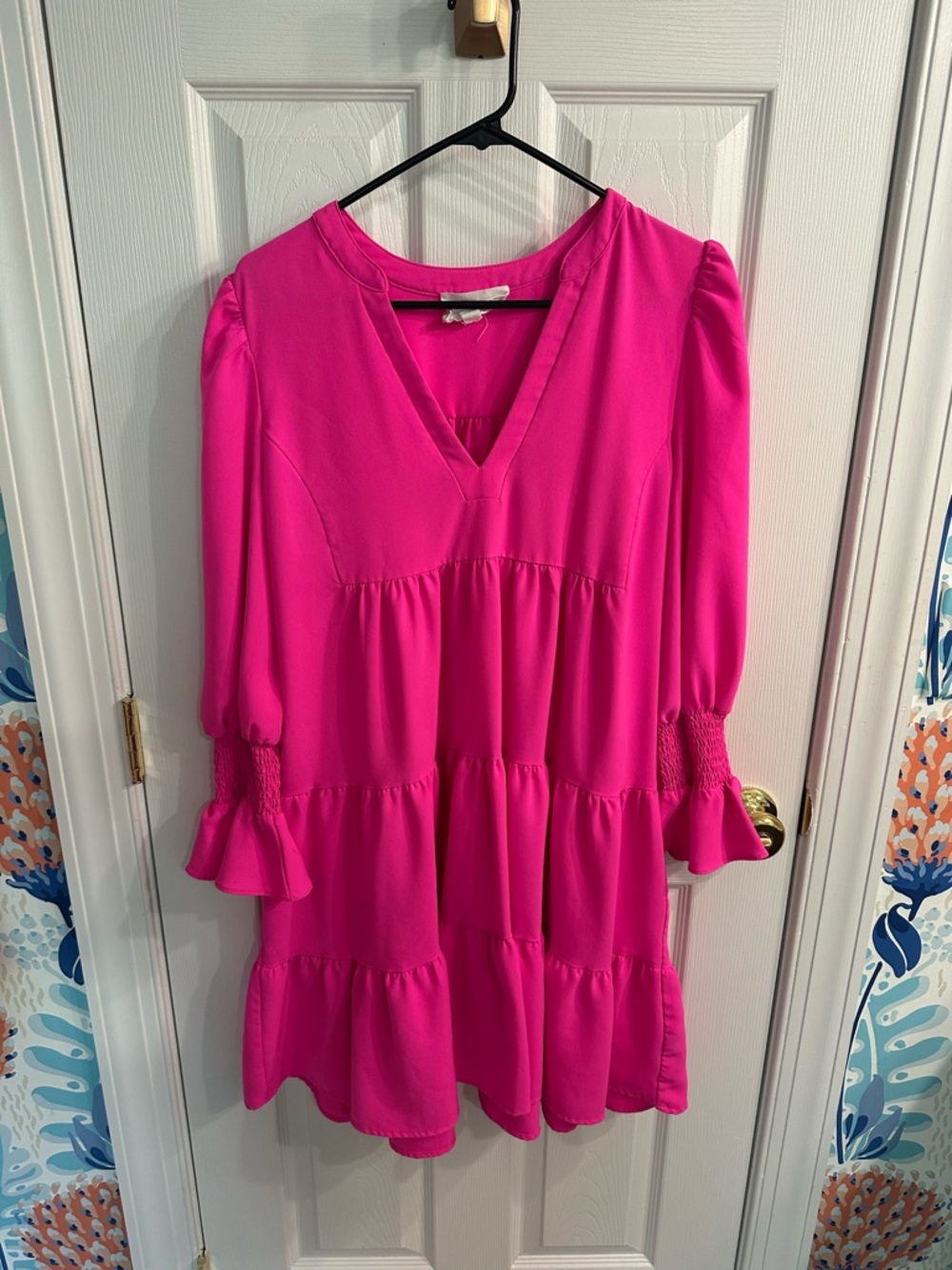 Tuckernuck Pomander Place Bright Pink V-Neck Tiered Mini Dress